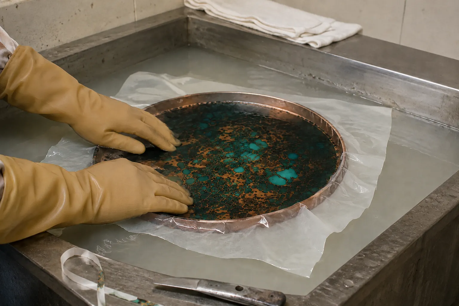 A charger being dipped through a floating transfer film in a hydrographic tank.