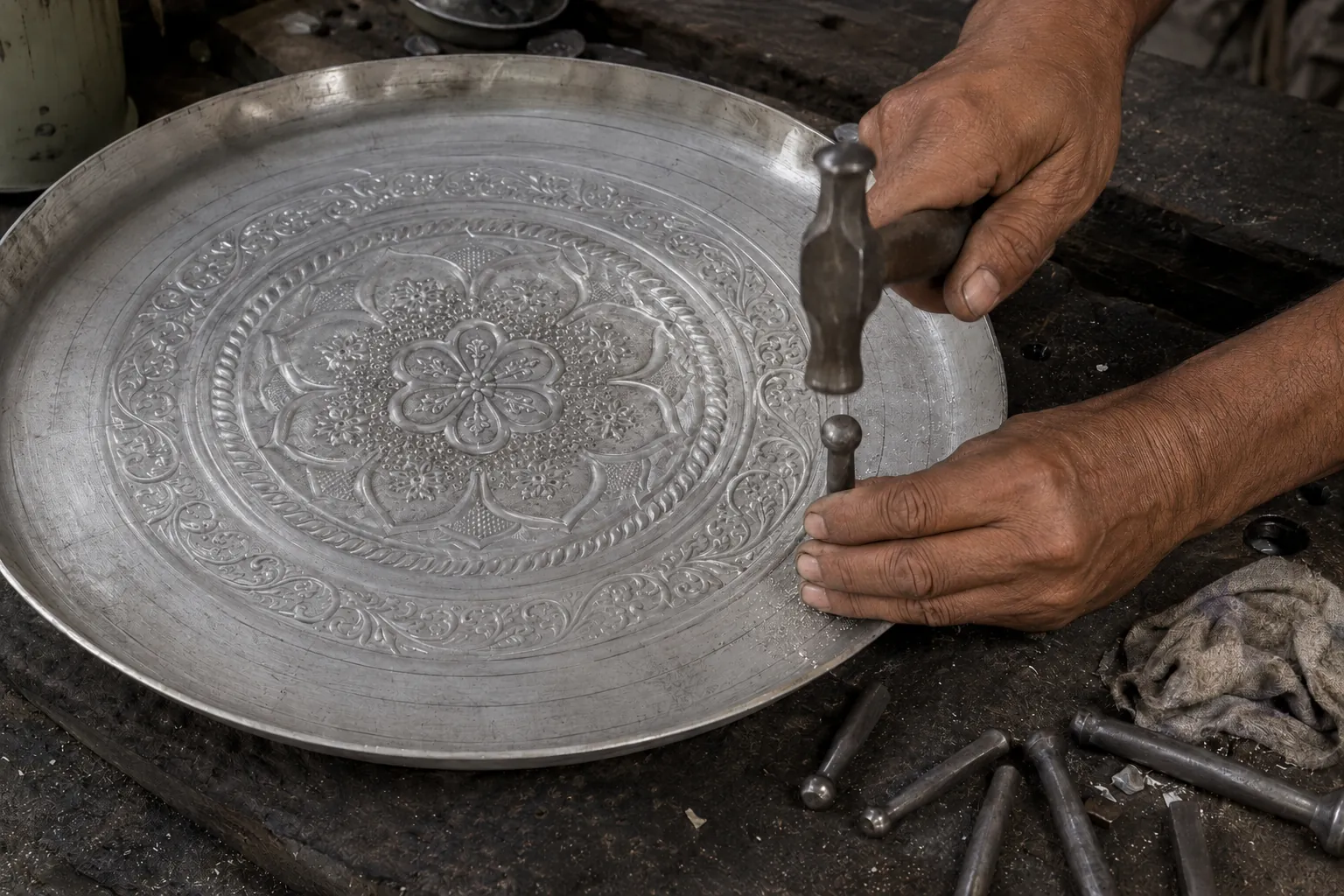 A large round tray worked with a concentric embossed floral pattern.