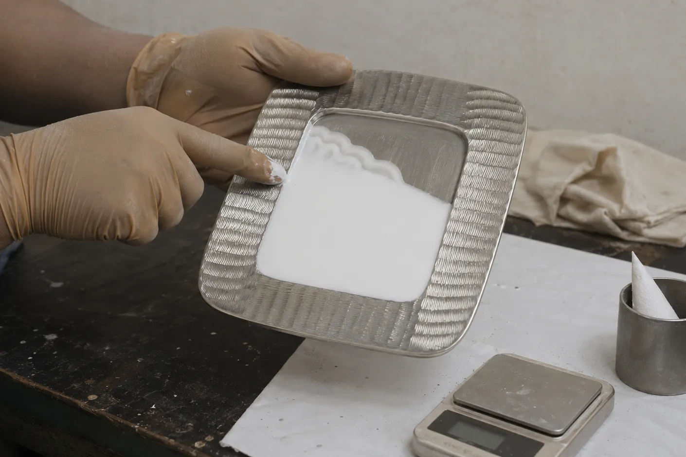 Enamel being brought level and smooth across the face of a tray.