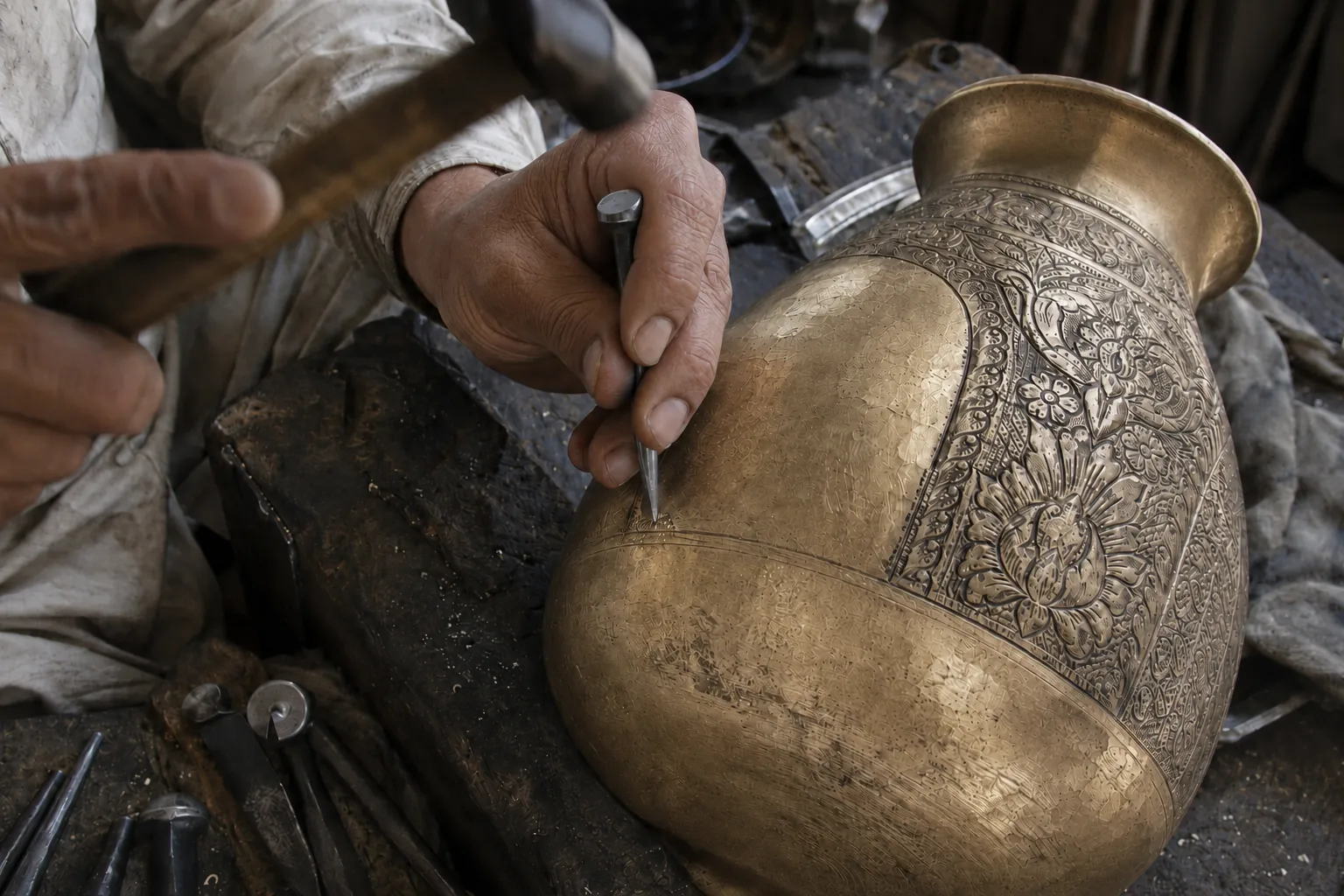 A chitai engraver cutting floral detail into a brass vessel with hammer and graver.