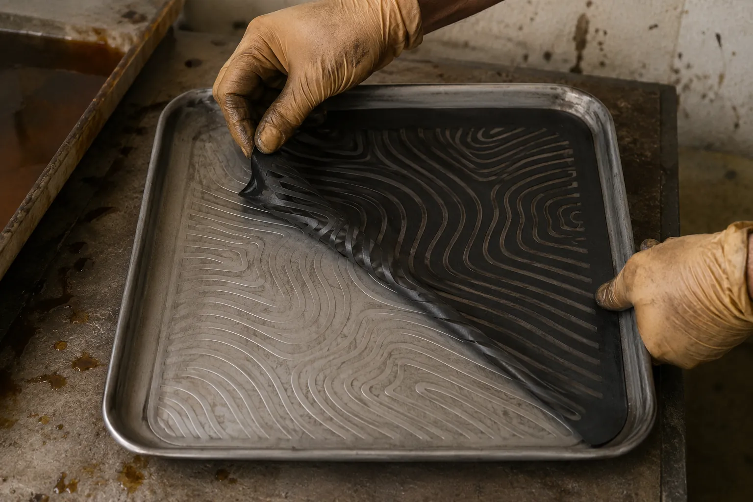 A rectangular metal tray carrying a fine etched line pattern.
