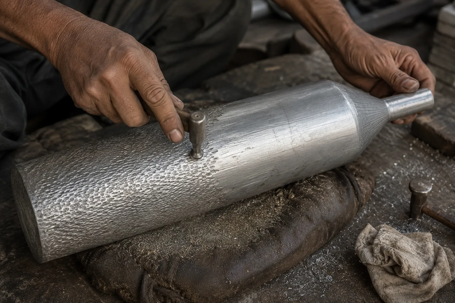 An artisan hammering a texture into a tall cylindrical vessel.