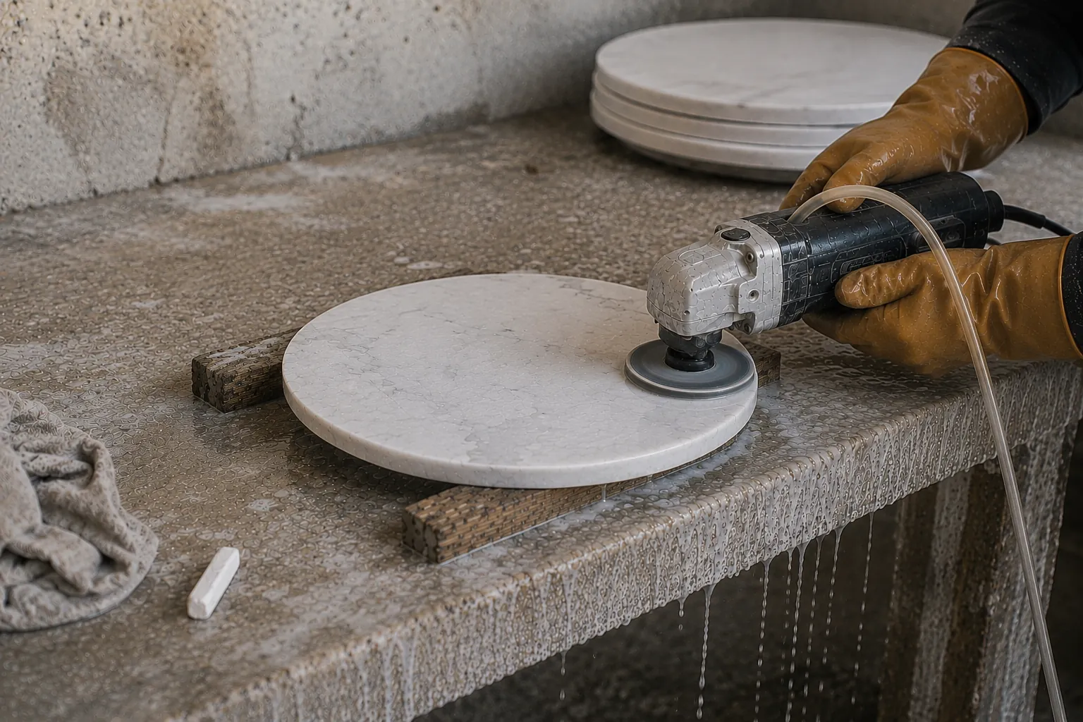 A circular marble top being ground and finished at the bench.