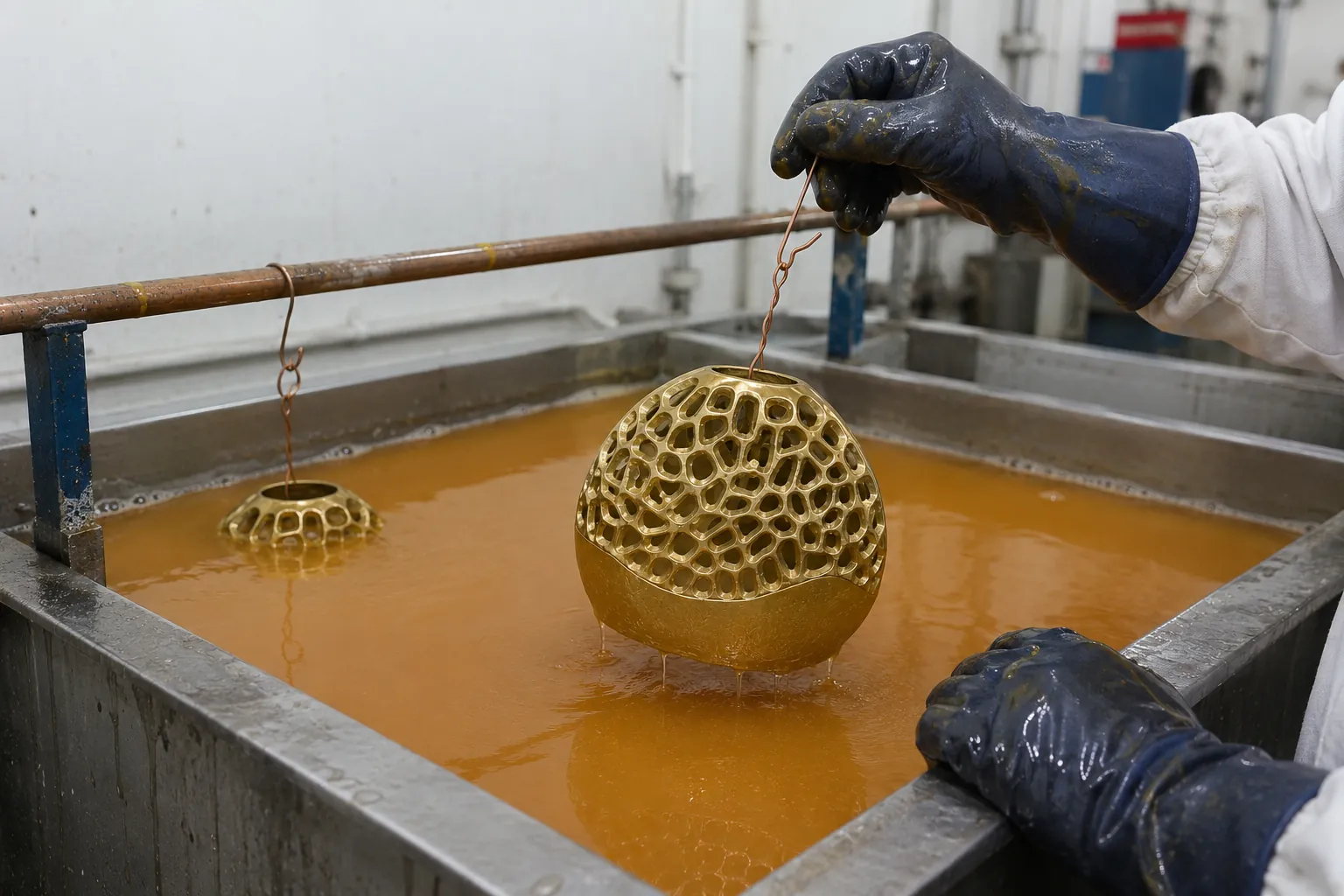 A pierced spherical form being lowered into an electroplating tank.