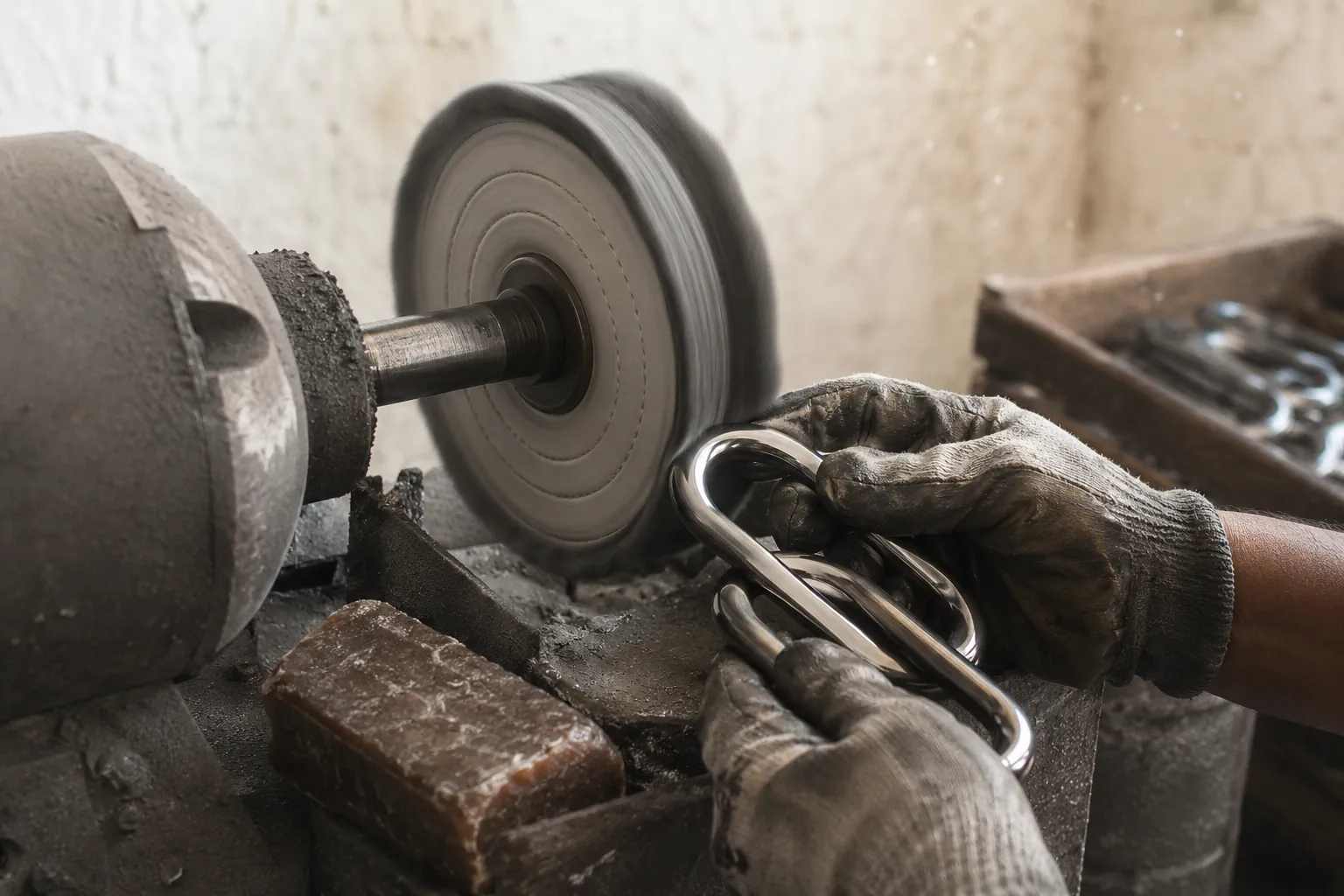 A piece being polished against a rotating buffing wheel.