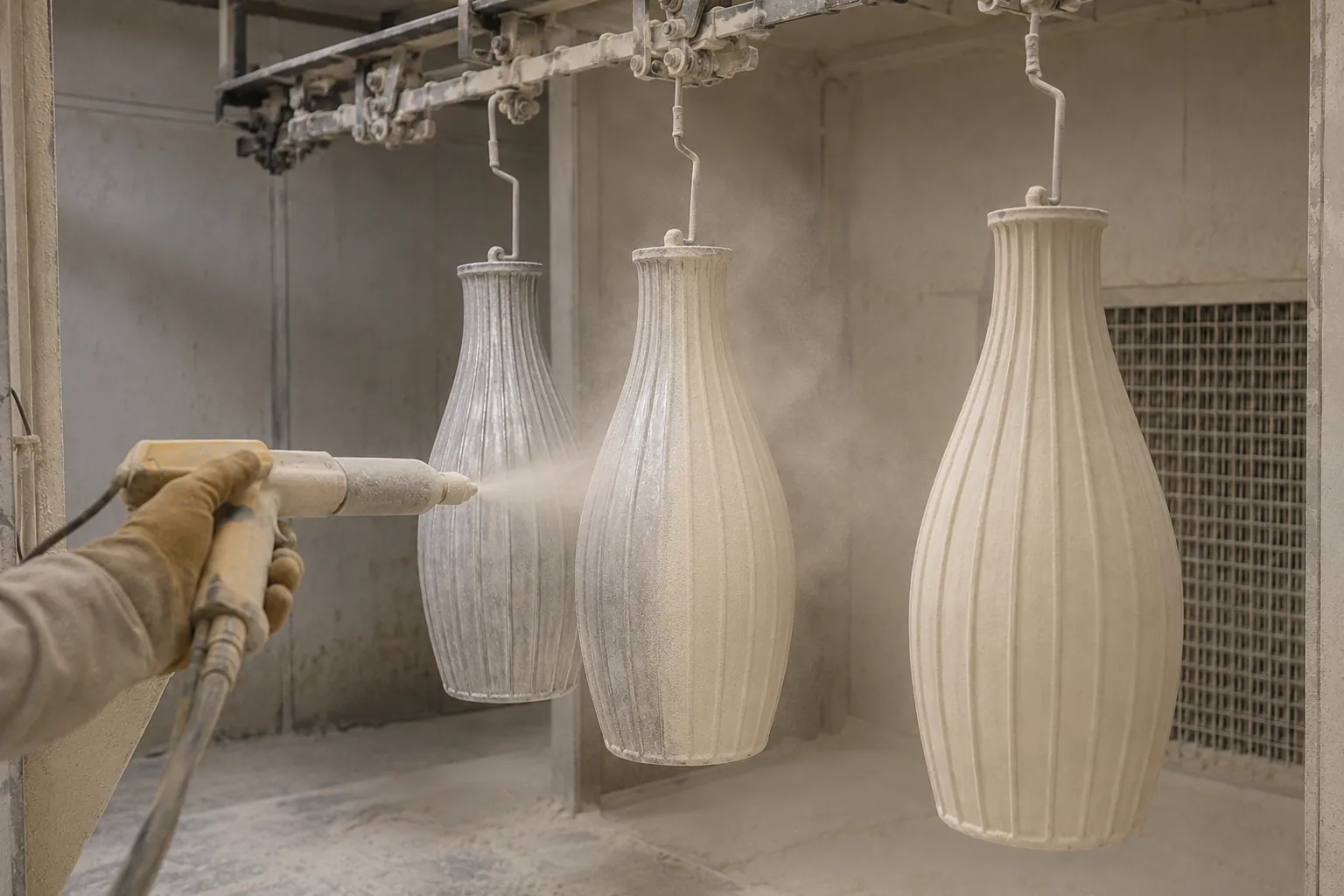 Coated vases hanging on the line after powder coating.