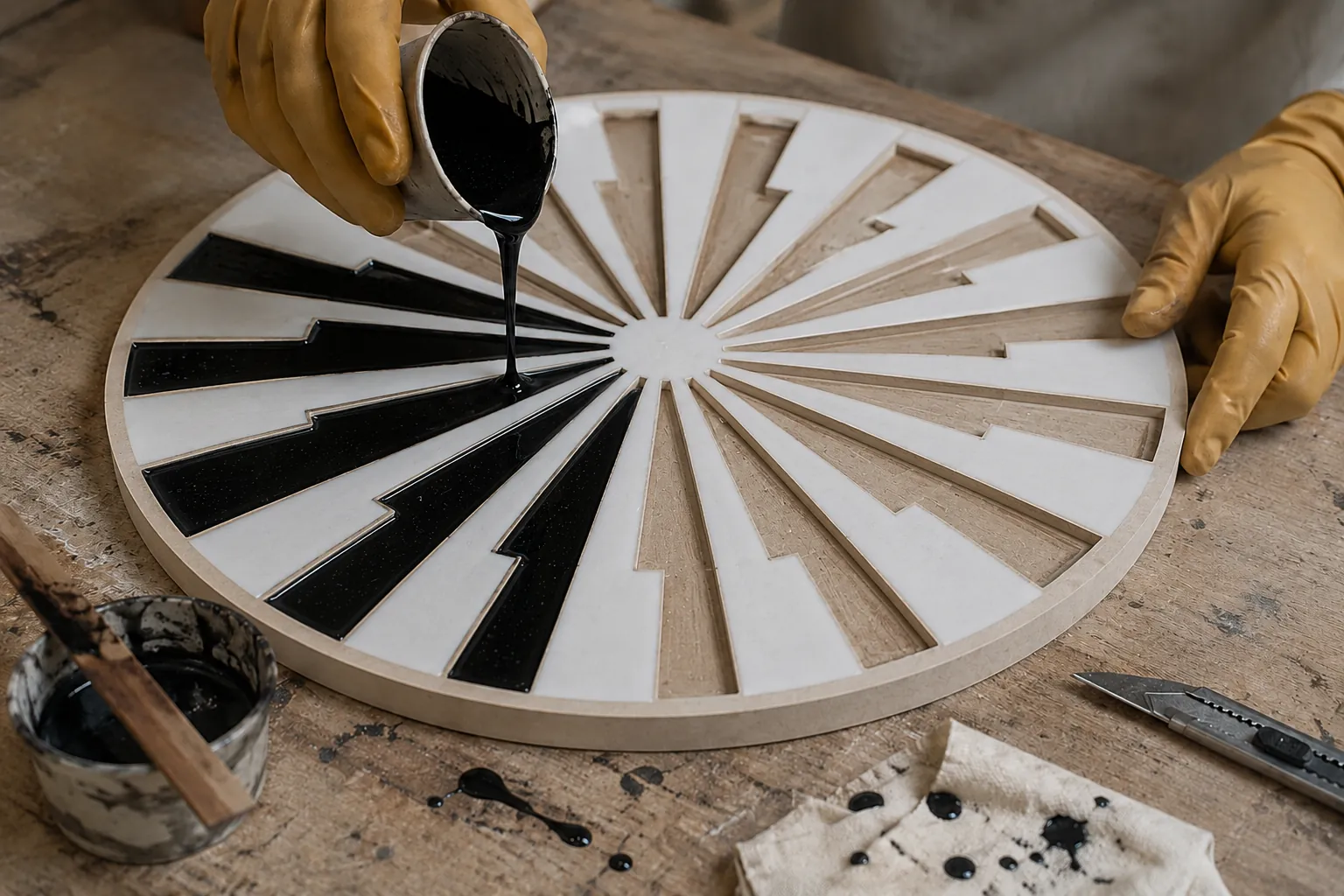 Dark resin being poured into the segments of a striped circular panel.