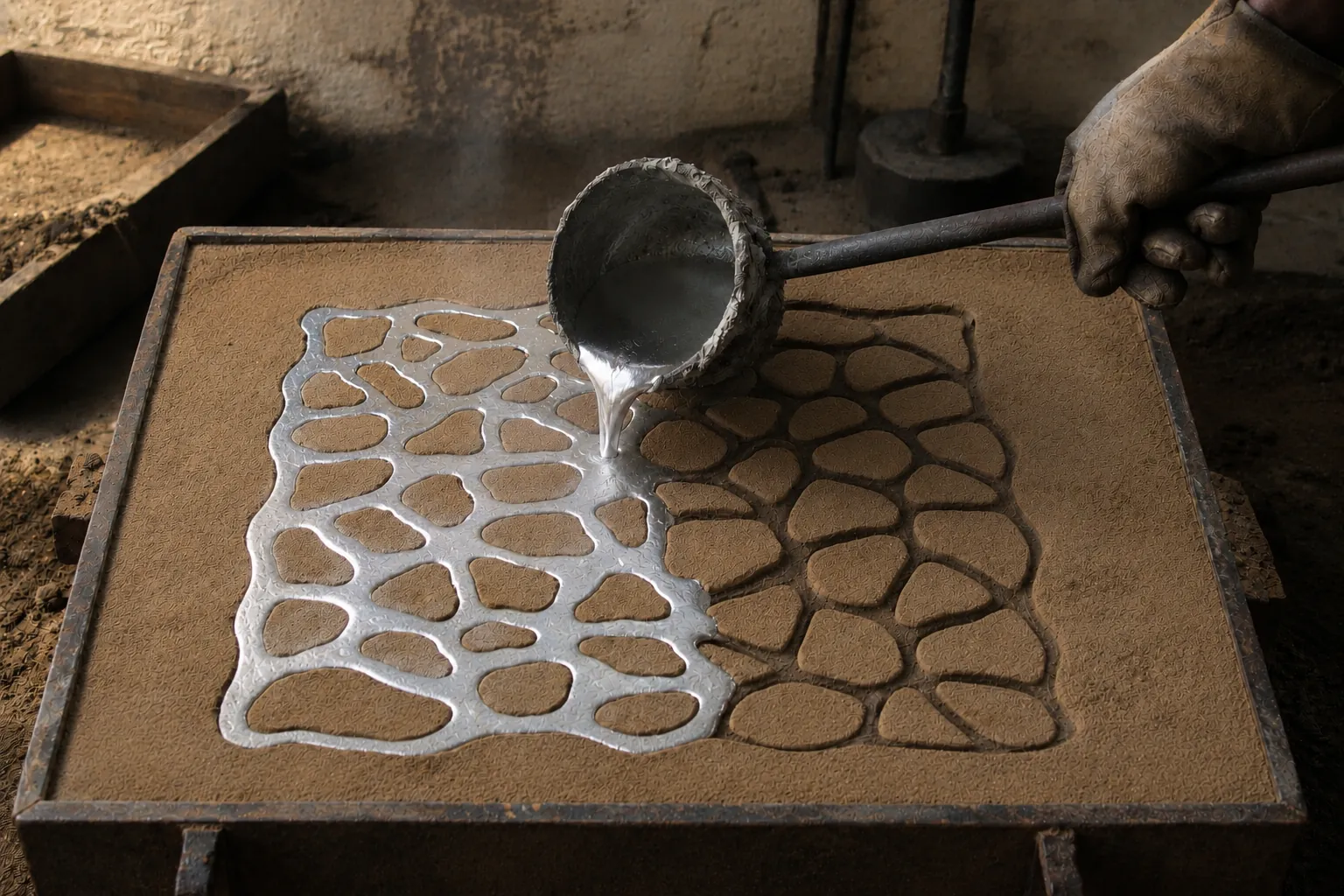 Molten metal being poured from a ladle into a sand mould.