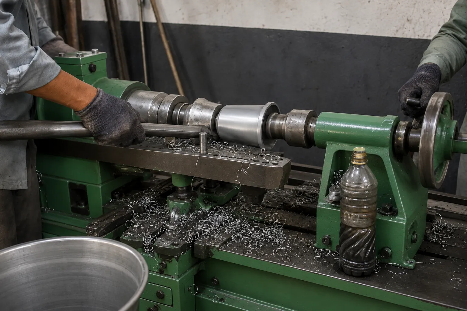 A metal disc being formed into a vessel on a spinning lathe.
