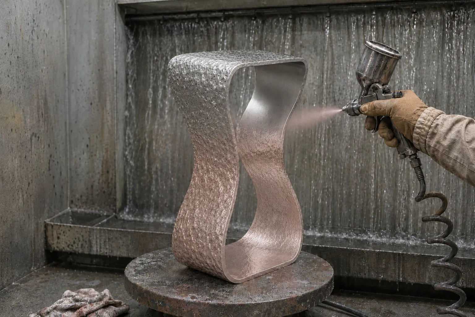A spray gun laying colour onto a sculptural vessel in the spray booth.