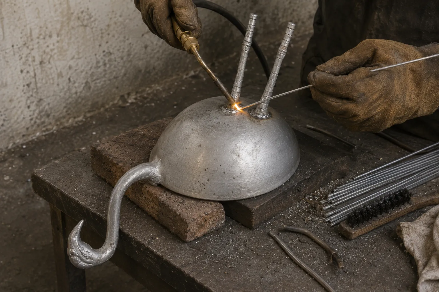 A torch welding a joint on a curved metal form at the bench.