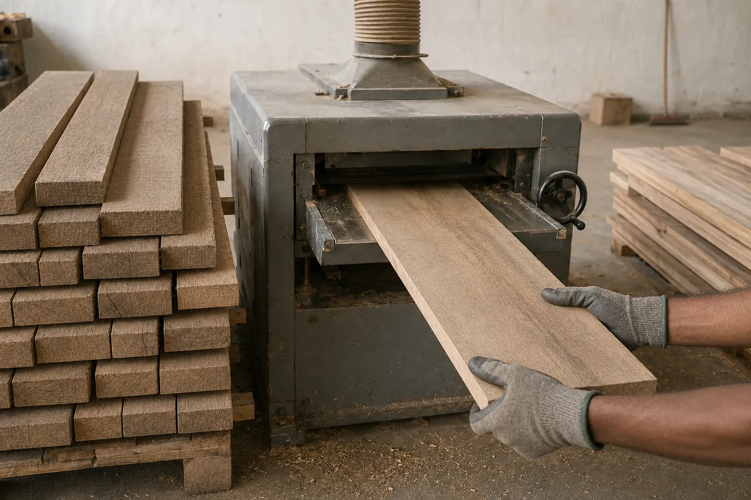 Hardwood boards being loaded into the seasoning kiln.